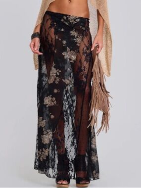 Jaded London Black Floral Lace Maxi Skirt with Beige Floral Accents